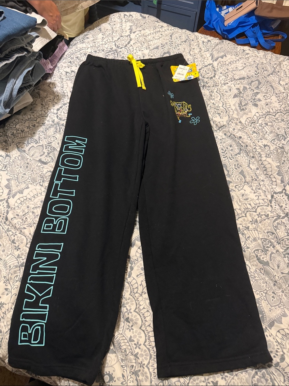 SpongeBob Black Sweatpants with Turquoise and Yellow Accents